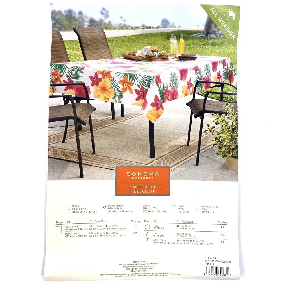 Tablecloth Tropical 60x84 Umbrella Indoor Outdoor Polyester Washable by Sonoma